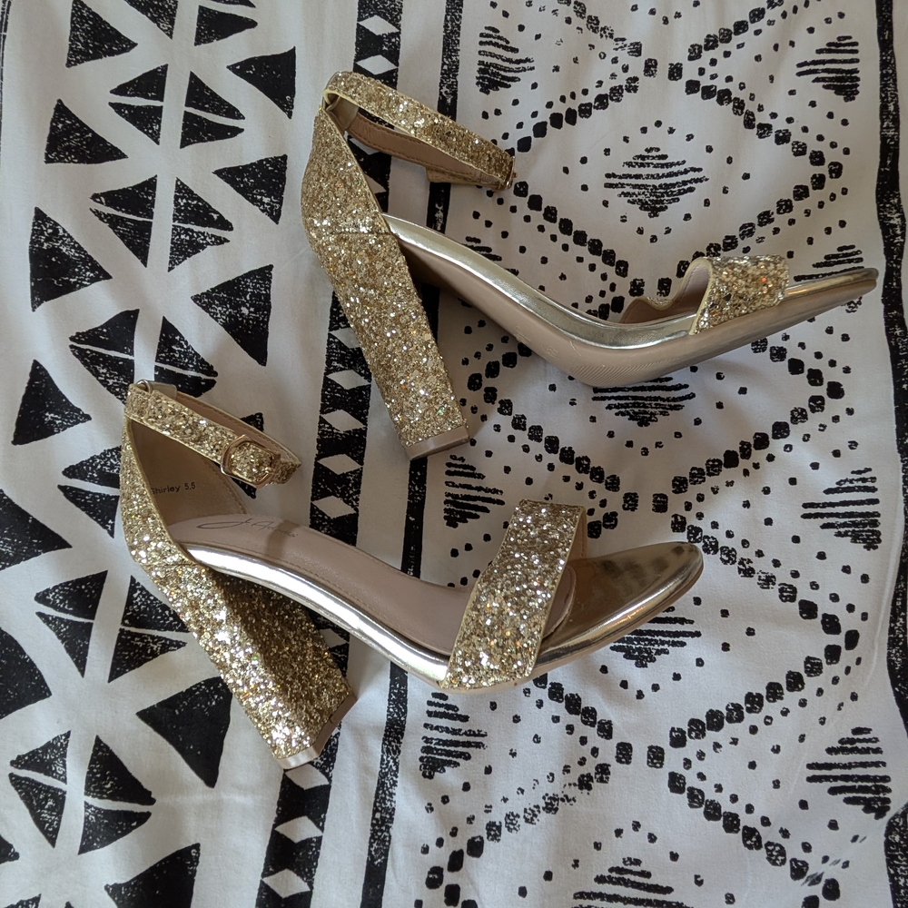 Shimmering Gold Block Heel Sandals